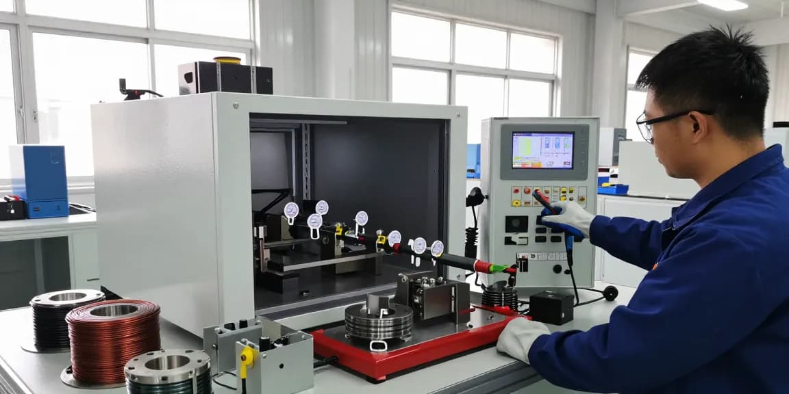 Technician adjusting controls on an advanced induction heater in a modern workshop, showcasing precision and technology.