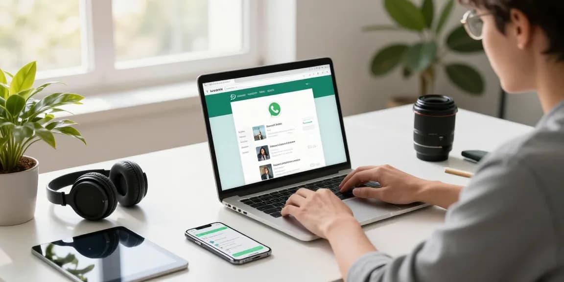 Using WhatsApp網頁版 on a desktop in a modern workspace