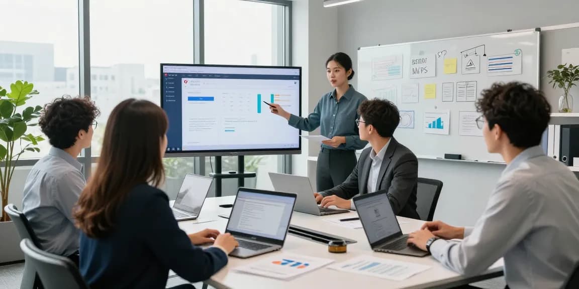Team collaborating using WPS in a modern office setting, showcasing analytics and documents.