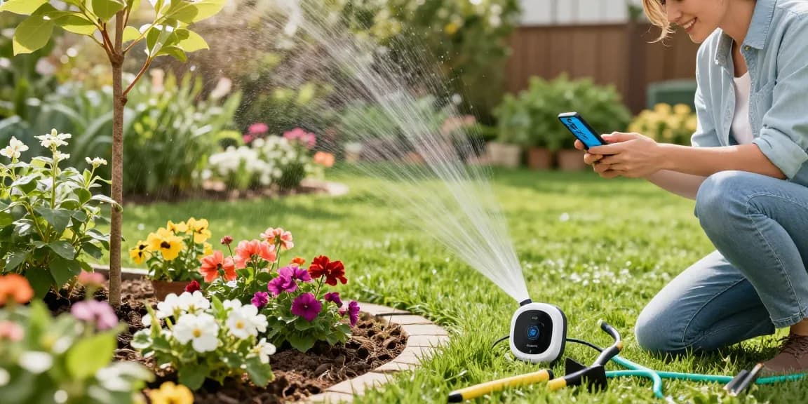 Using the RainPoint water timer for efficient garden watering during a sunny day.