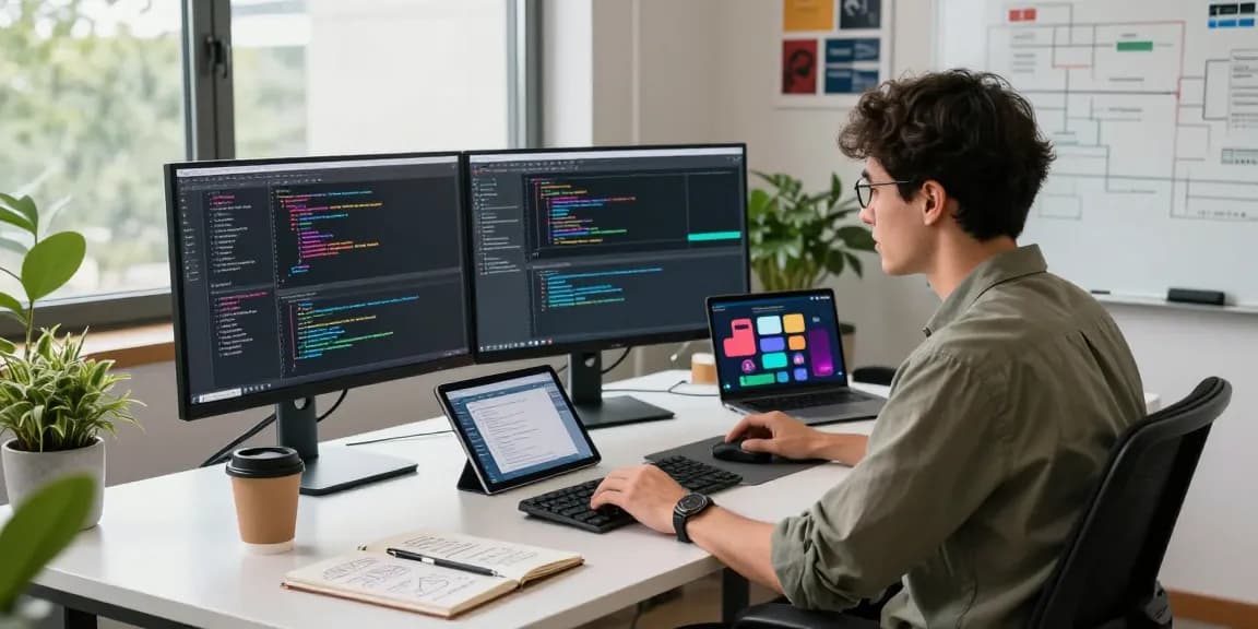 Developer coding in innovative office with kecak4d app design elements.