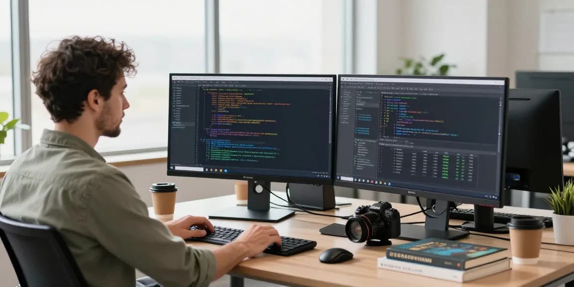 快连 software developer coding in a modern workspace with dual monitors, books, and coffee.