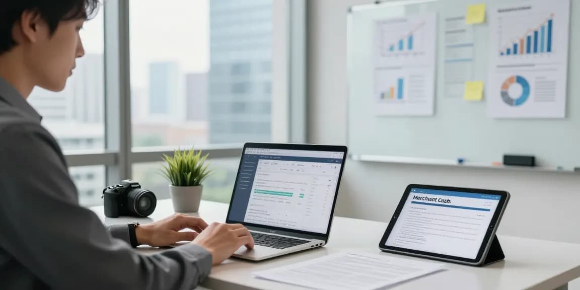 Entrepreneur evaluating the best merchant cash advance UK no credit check options at a modern office desk.