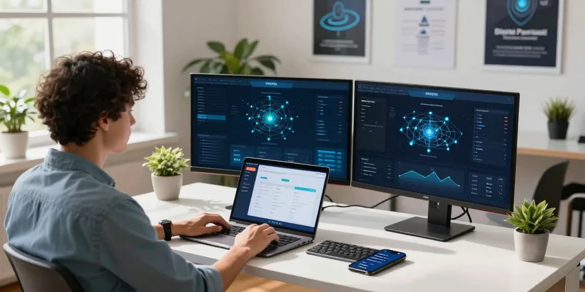 快连 user navigating a high-speed network connection in a modern tech office