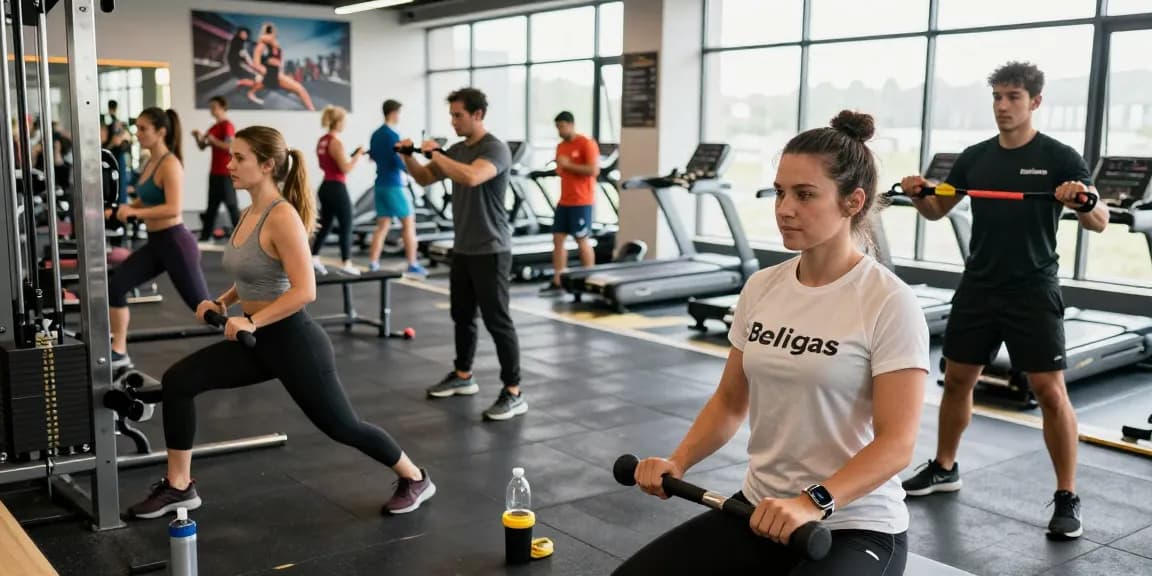 Beligas Shop showcases athletes and trainers engaging with fitness equipment in a modern gym setting, promoting health and strength.