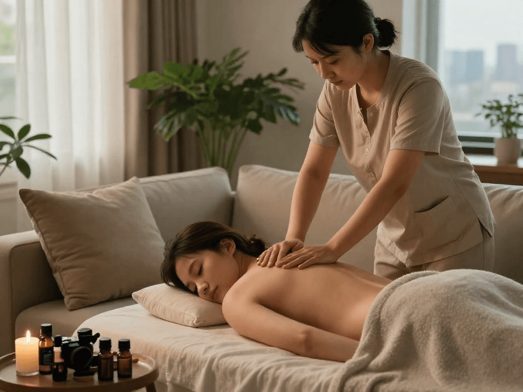 서울출장마사지 provides home wellness with personal massage therapy in a serene living room setting.