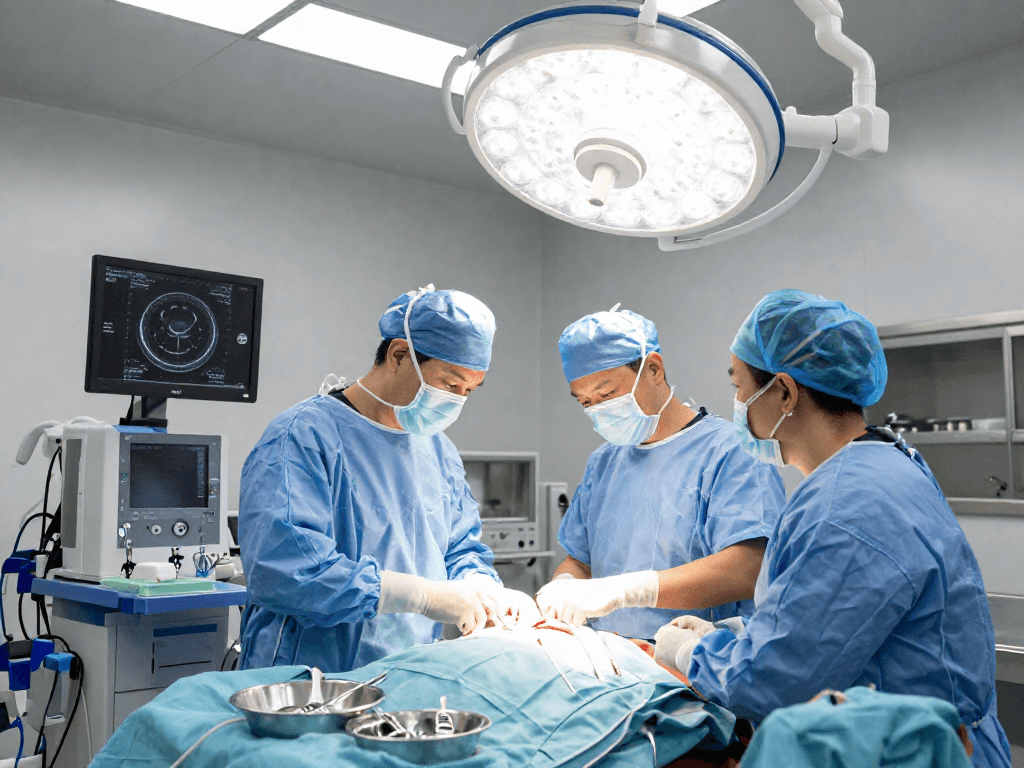 Beyin tümörü ameliyatı in a sterile operating room, showcasing a focused neurosurgeon and advanced medical technology.