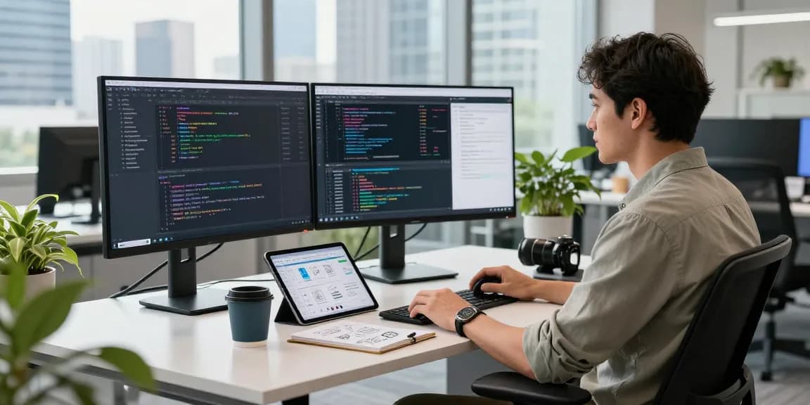 Workspace showcasing tech innovation at teiegramin.com with a developer coding.