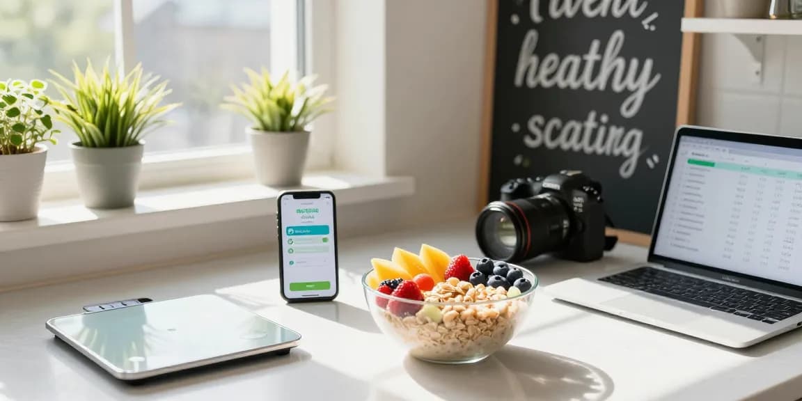 Healthy breakfast prep with best calorie tracking apps displayed on smartphone in a bright kitchen.
