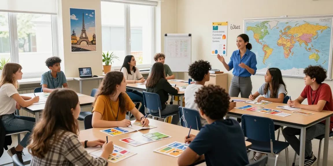 Cours de français en France - Étudiants engagés dans un cours de français interactif dans un environnement scolaire de langue dynamique.
