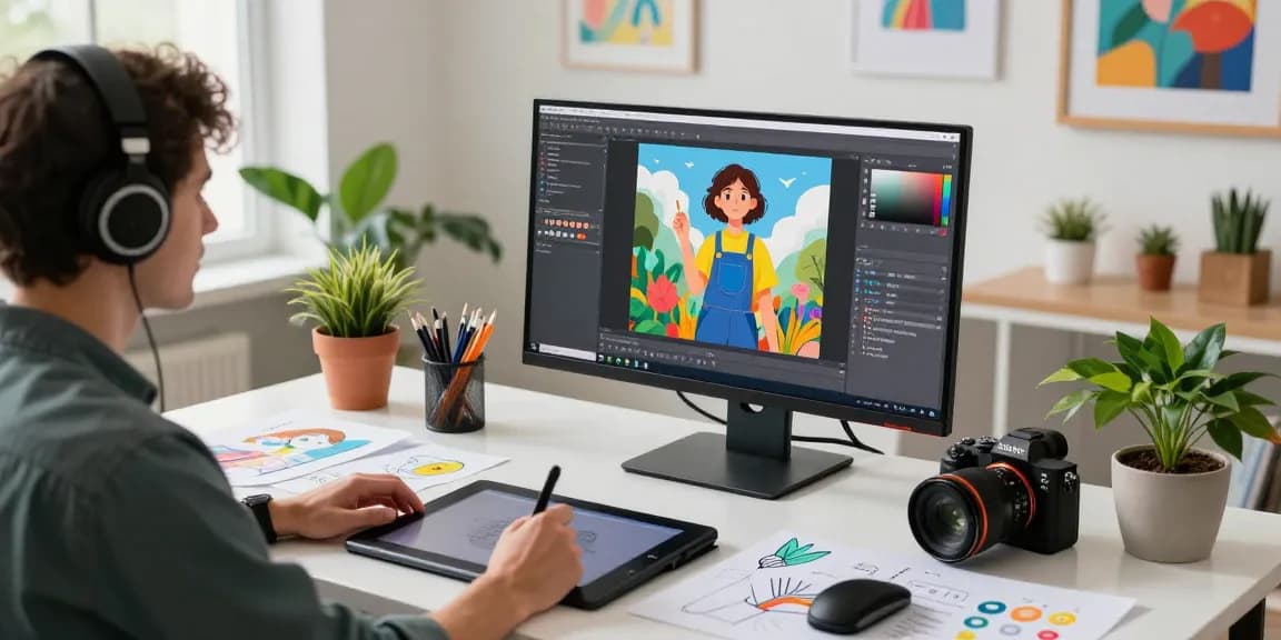 Artist creating with nano banana 2 in a vibrant workspace filled with modern design tools.