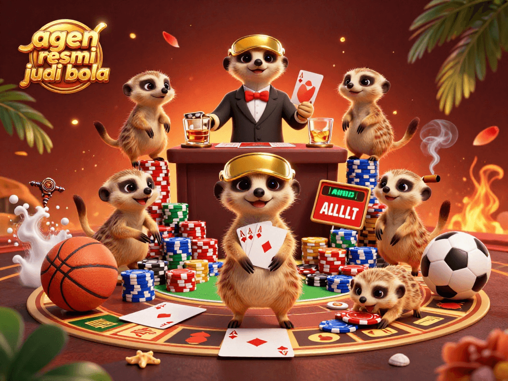 Engaging meerkats illustrate fun betting action at agen resmi judi bola with chips and sports elements.
