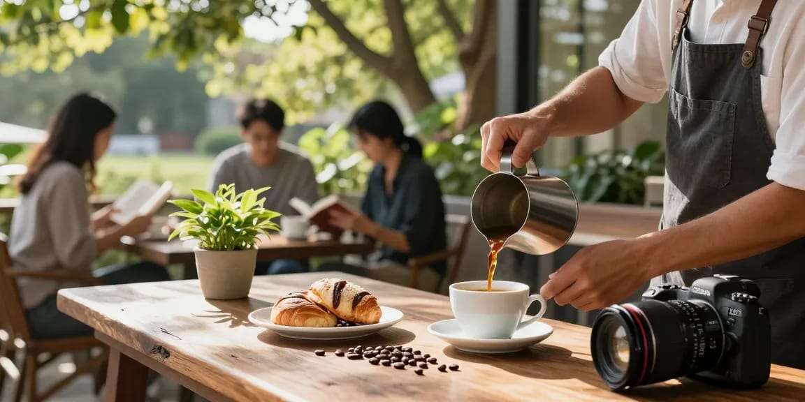 Organic white coffee served at a cozy outdoor café, surrounded by pastries and plants.