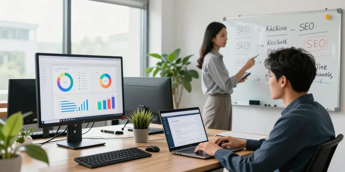 Team discussing SEO backlink services strategies in a modern office