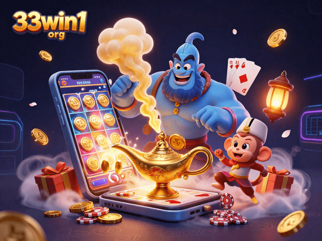 Engaging 3D illustration of 33win1 org featuring a blue genie and vibrant casino elements.