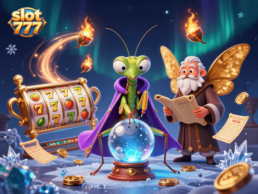 Engage with slot 777 in this vibrant casino scene featuring dynamic slots, fortune tellers, and mystical elements.