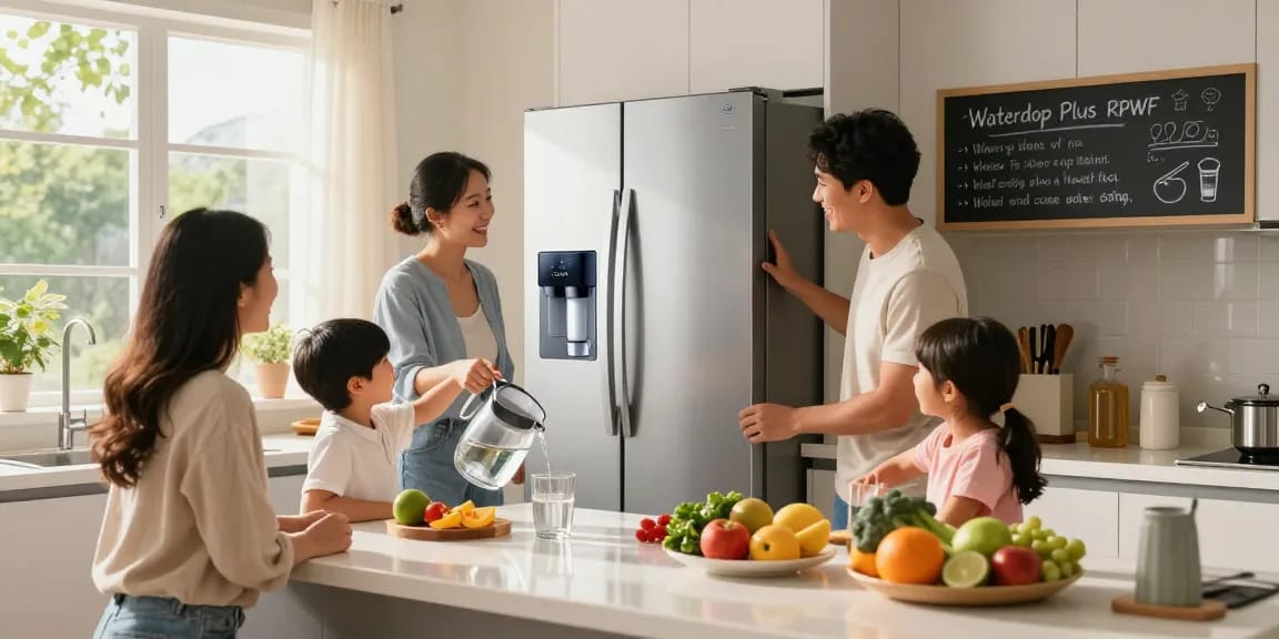 Waterdrop Plus RPWF Refrigerator Water Filter enhancing family hydration and health in a bright, modern kitchen.