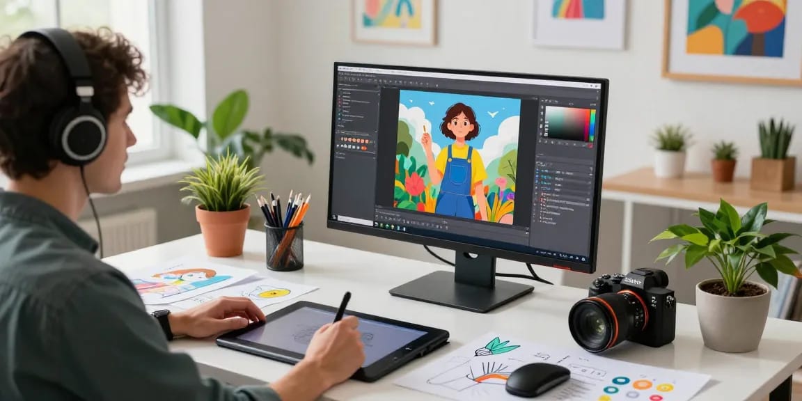 Artist creating with nano banana 2 in a vibrant workspace filled with modern design tools.