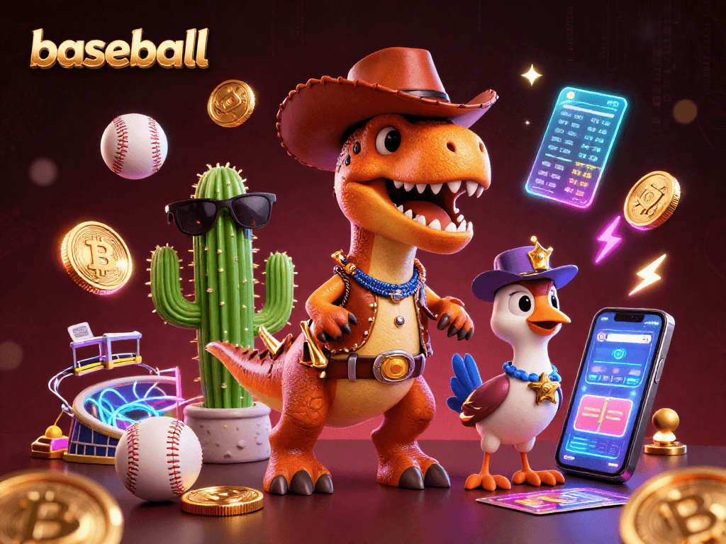 Place your bets on baseball with a vibrant scene featuring a cowboy dinosaur and sports elements.