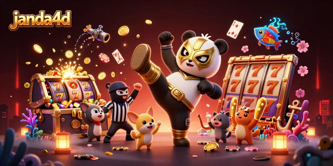 Saksikan aksi menegangkan di janda4d dengan karakter panda dipersenjatai dan kerumunan hewan yang meriah pada platform kasino