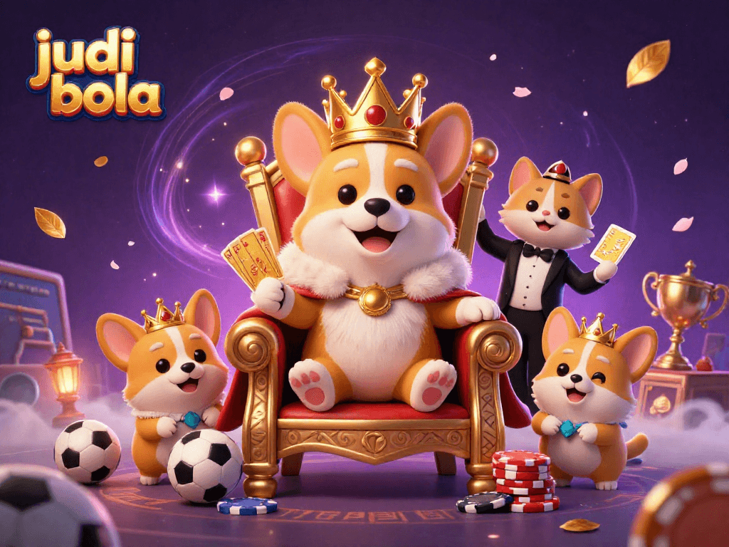 Engage in judi bola with an animated royal corgi and unique casino elements, celebrating betting excitement.