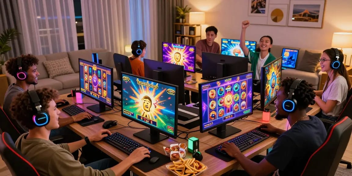 Engaging scene showcasing players enjoying info slot games online with vibrant screens and cheerful ambiance.