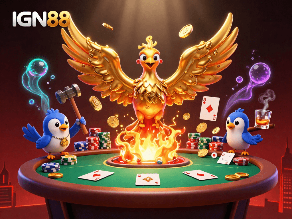 Play high-stakes poker with IGN88's thrilling golden phoenix theme, showcasing 3D illustrations of intense gaming.