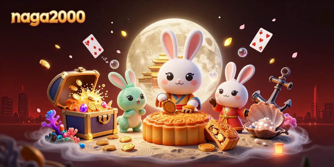 Permainan slot naga2000 dengan karakter kelinci bulan dan elemen kasino yang kaya akan detail.