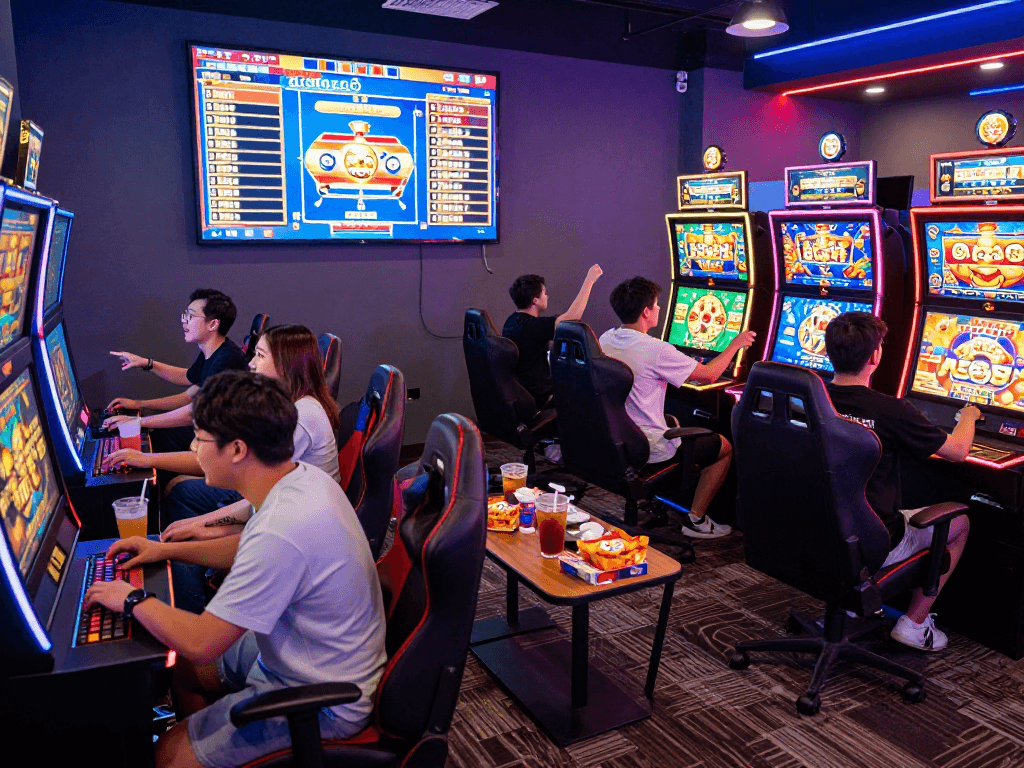 Players enjoying exciting slot games at pasaran togel venue, lively atmosphere and colorful displays.