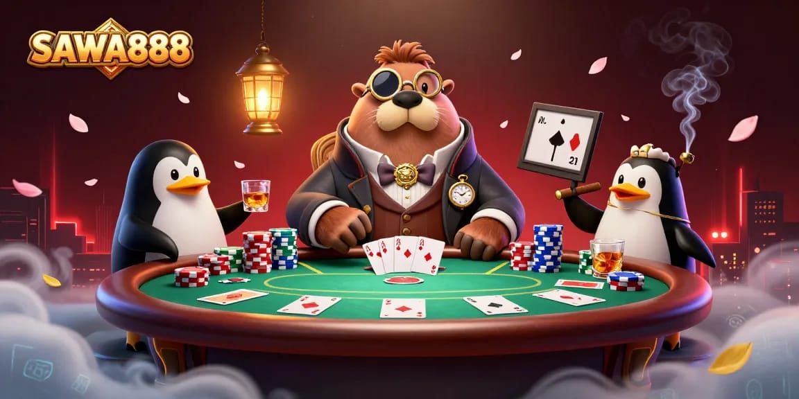 SAWA888 delivers a thrilling underwater poker scene featuring a walrus, penguin dealer, and pufferfish player.