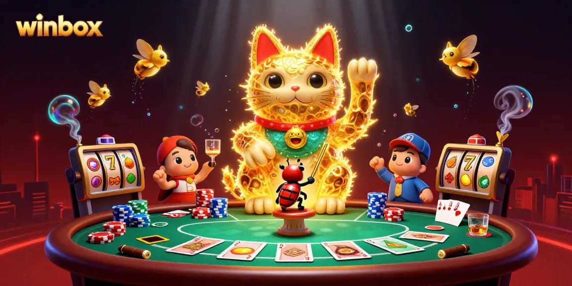 Engage with the winbox casino experience through a vibrant illustration of a lucky cat and poker elements.