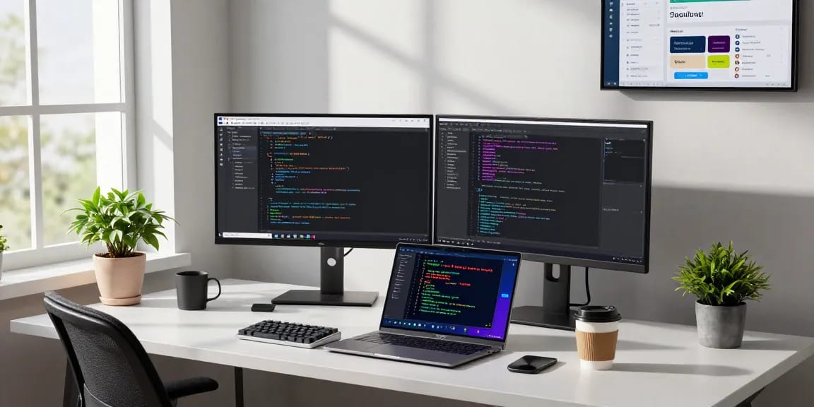 Efficient workspace for Snipaste下载 featuring dual monitors, code editing, and collaboration tools in a modern tech environment.