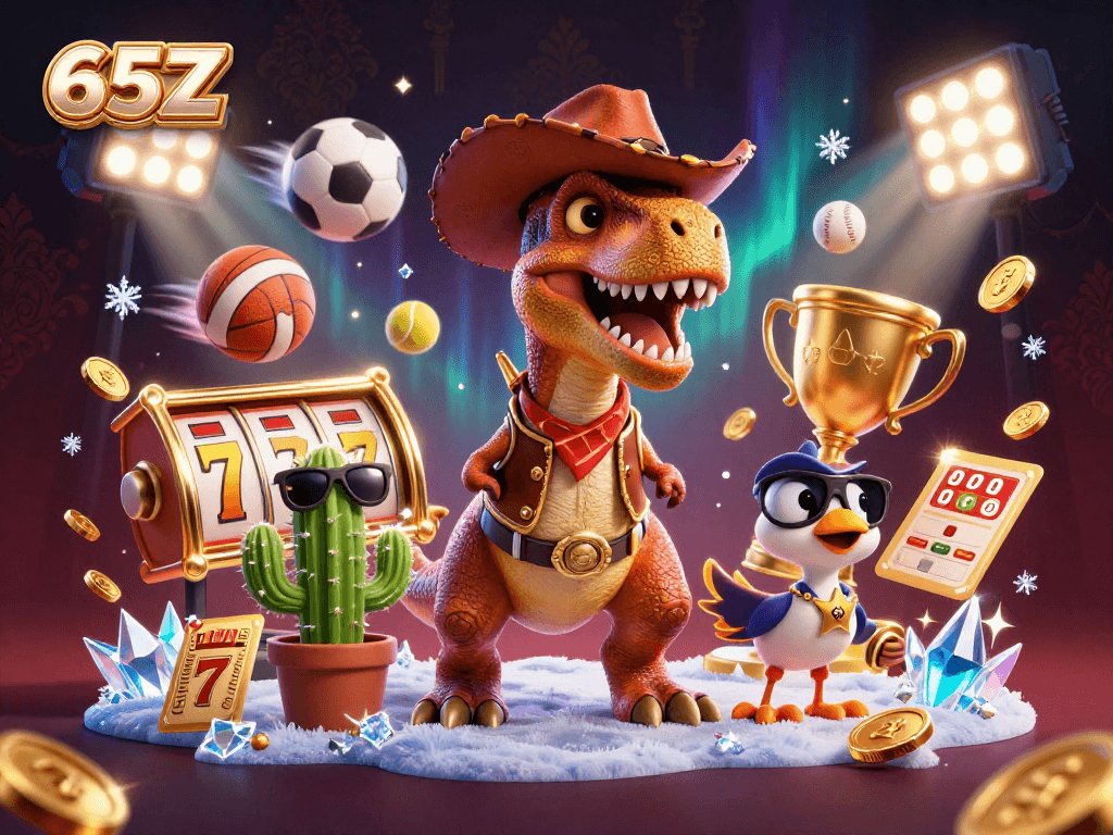 Aposte com a 65Z em um cassino virtual com elementos de slots, um dinossauro cowboy, um cacto e um galo de xadrez.