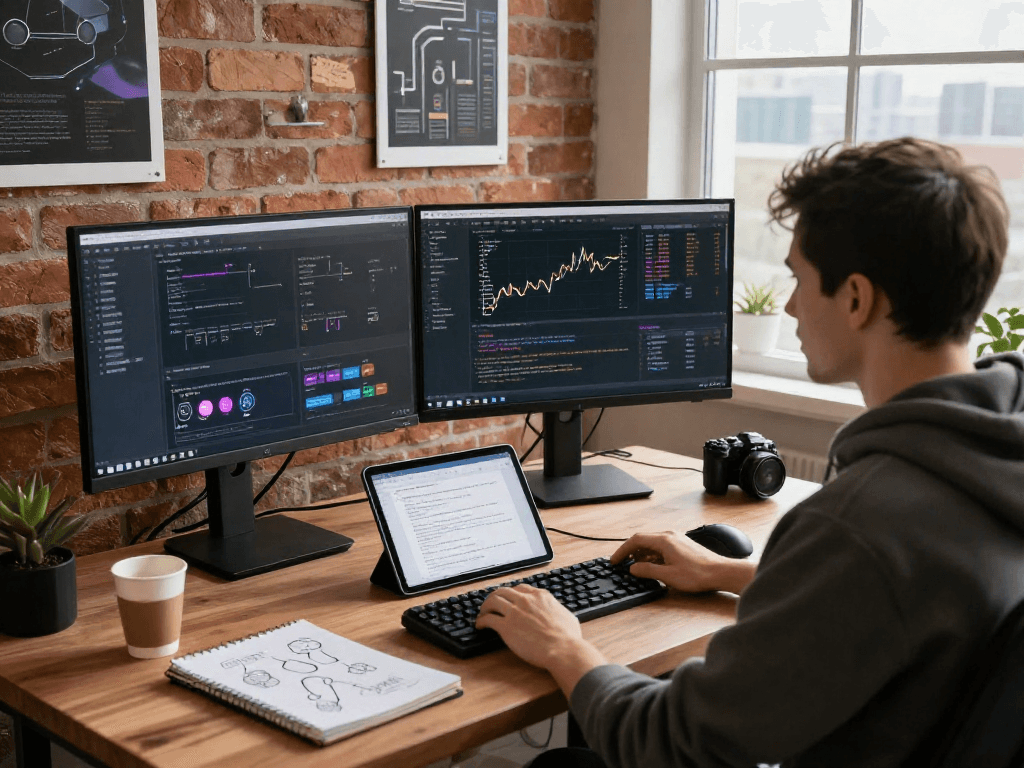 Developer coding with platinum live price API on dual monitors in a modern office.
