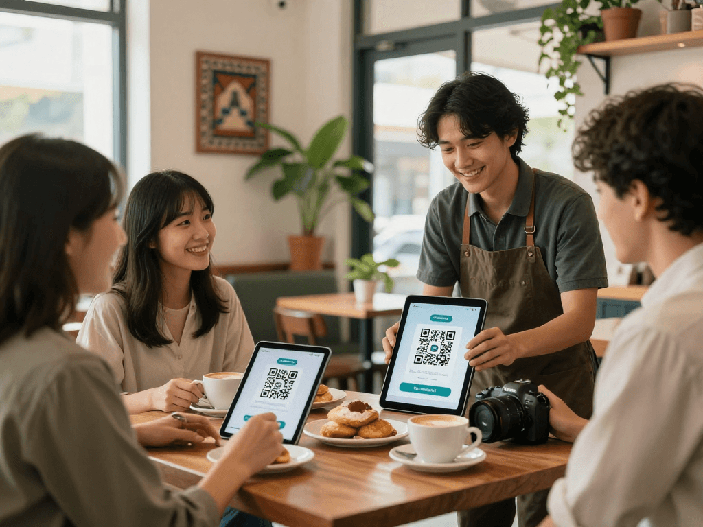 Customers engaging in a loyalty program at a café using QR codes to earn rewards as the owner explains the app features.