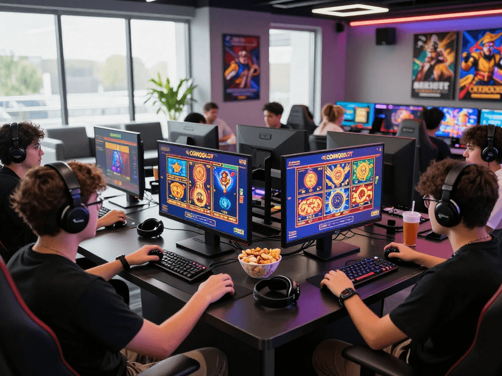 Players enjoying the latest agen gacor slot games at a vibrant gaming station with snacks.