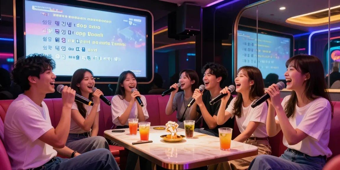 Friends enjoying a lively night at 강남노래방, singing and celebrating together.