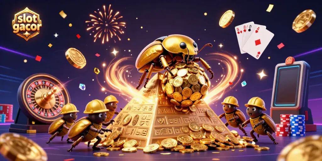 Engage with slot gacor action in a vibrant 3D casino scene filled with golden coins, beetles, and gambling symbols.