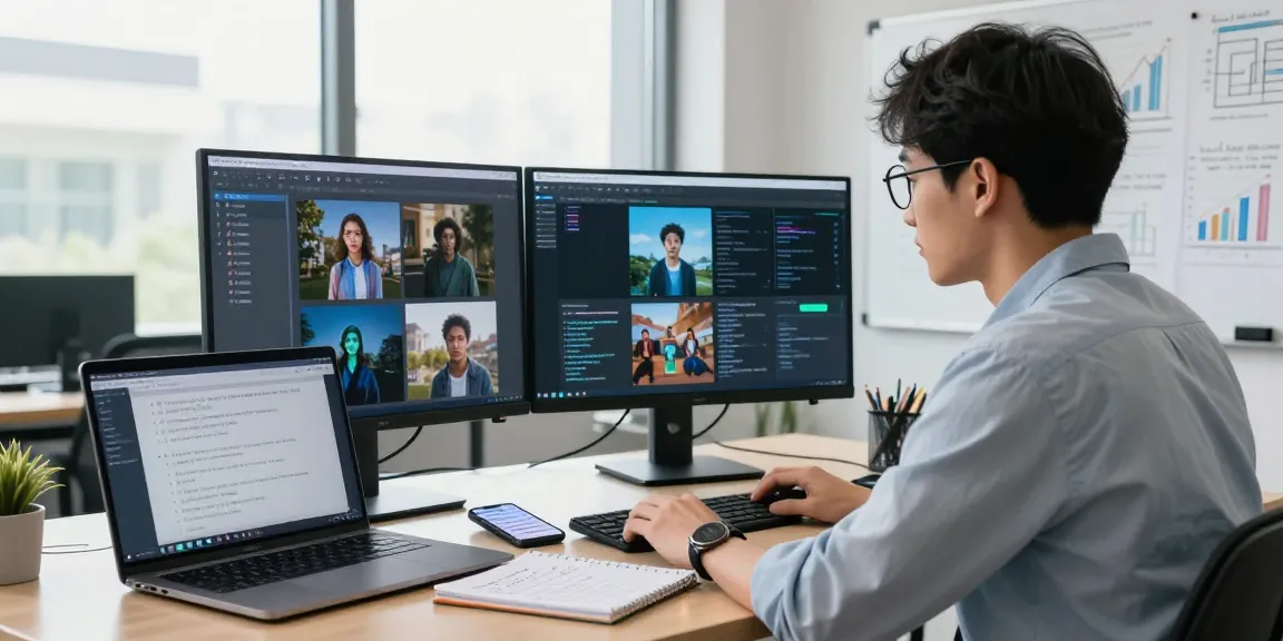 Detect AI image in a modern tech workspace with an analyst reviewing flagged content on dual monitors.