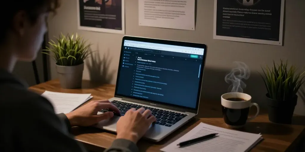 The hidden wiki browsing scene featuring a user securely accessing dark web links on a laptop with cybersecurity notes in a dimly lit room.
