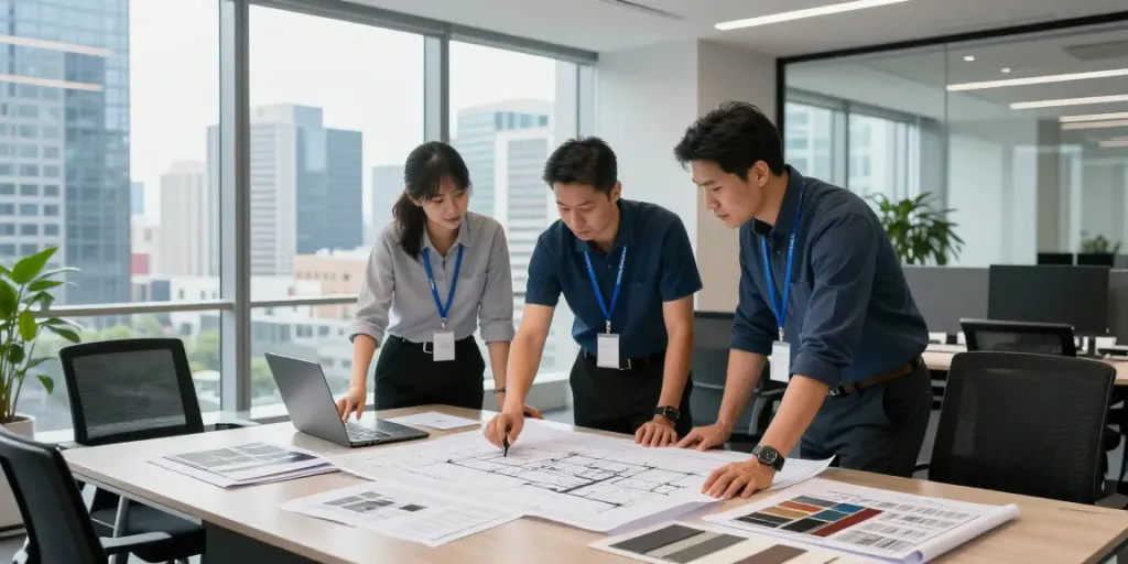 Interior fit out contractor team collaborating over design plans in a modern office.