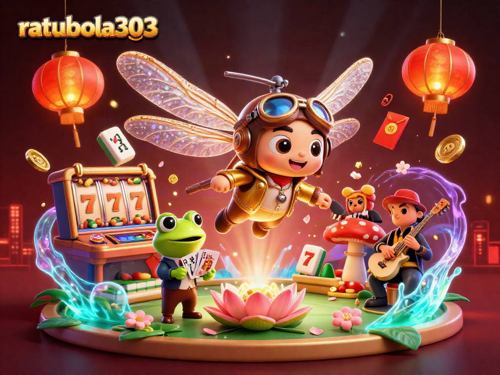 Ruang permainan virtual di ratubola303 dengan croupier katak dan alat musik jazz