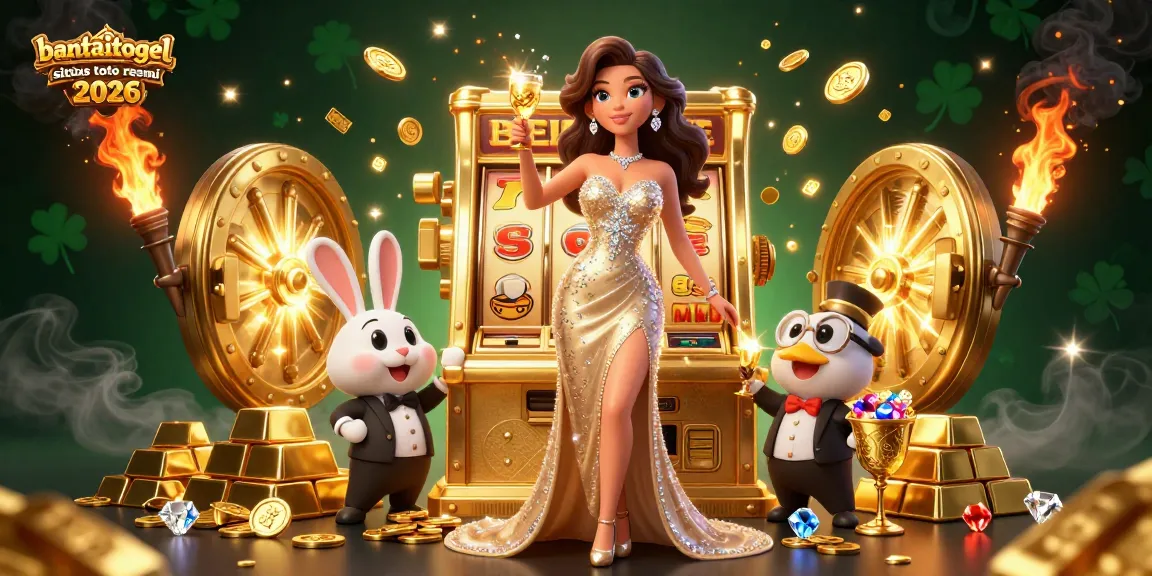 Bantaitogel situs toto resmi 2026 showcases a glamorous woman celebrating alongside a golden jackpot slot machine in a vivid casino scene.