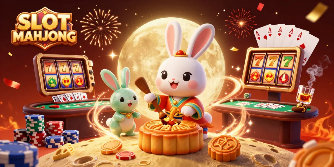 Engage with SLOT MAHJONG in an exciting 3D scene featuring a moon rabbit, poker chips, and vibrant slot elements.