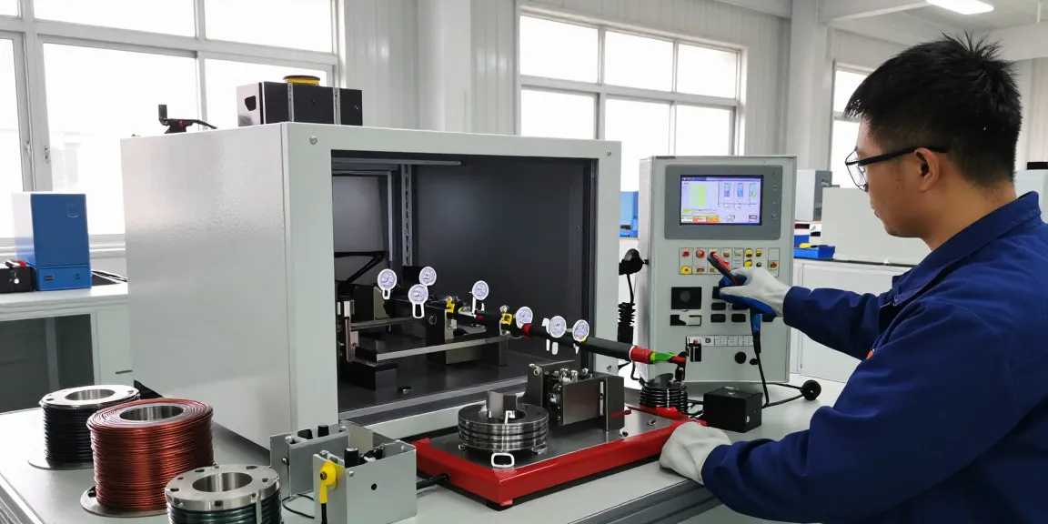 Technician adjusting controls on an advanced induction heater in a modern workshop, showcasing precision and technology.