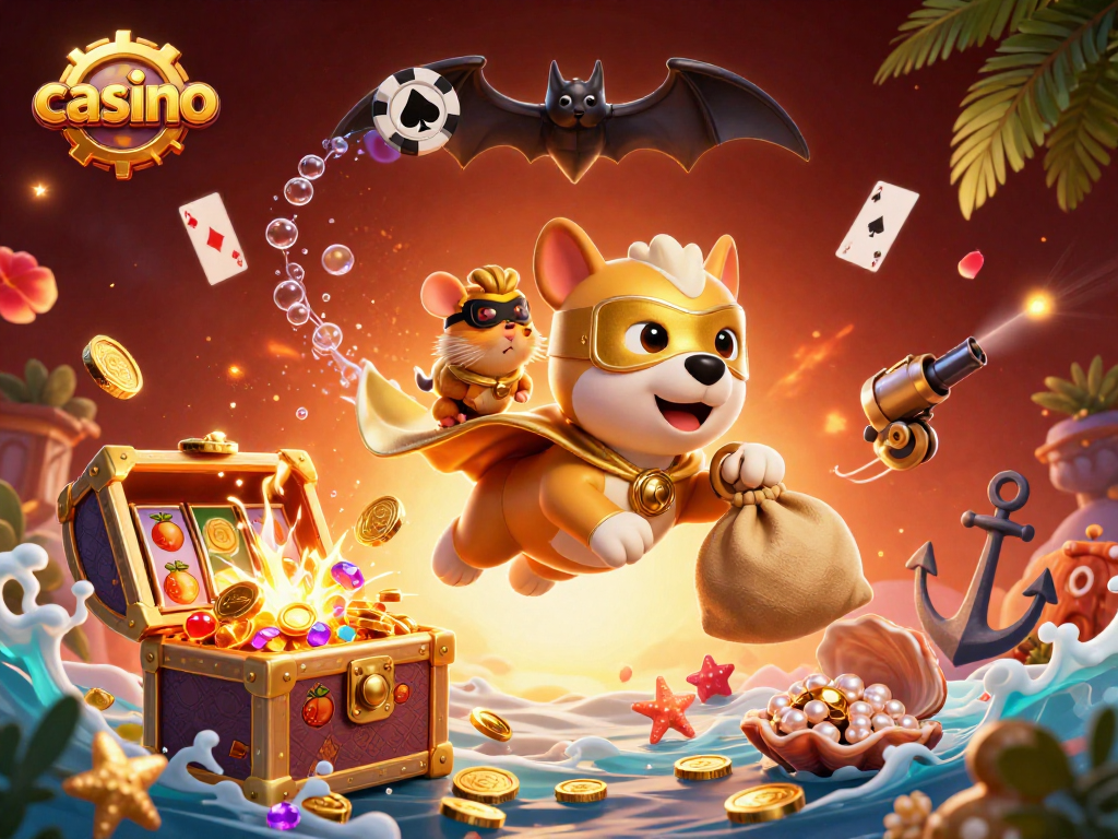 Experience exhilarating casino excitement with a superhero dog soaring amidst gold coins, fruit symbols, and vibrant games.