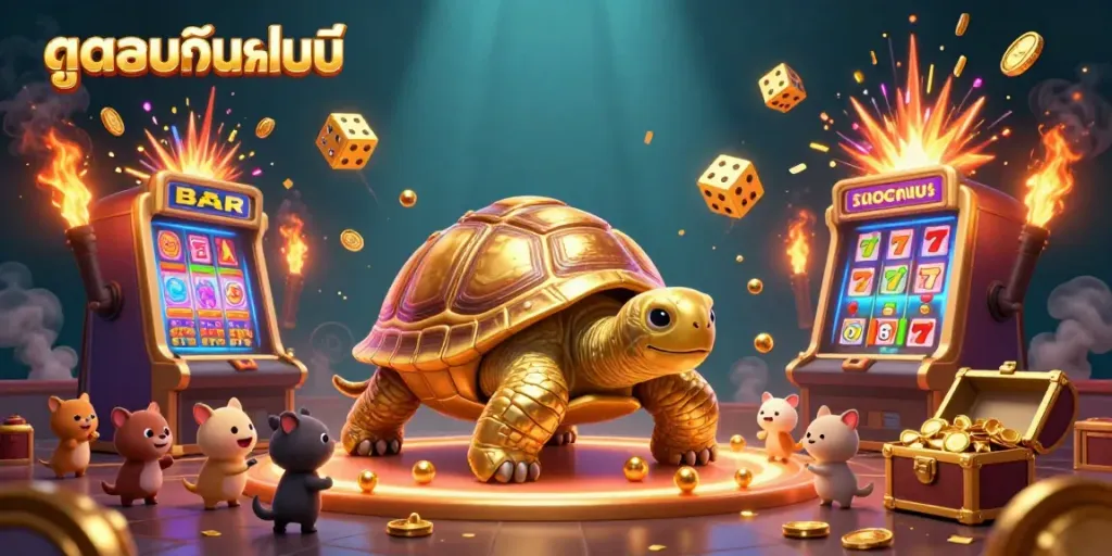 Experience ดูบอลออนไลน์ with a vibrant 3D golden tortoise pinball and overflowing slot machines.