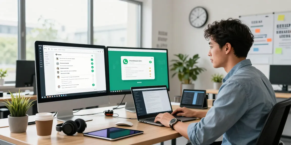 Professional using WhatsApp網頁版 at a modern desk with technology.