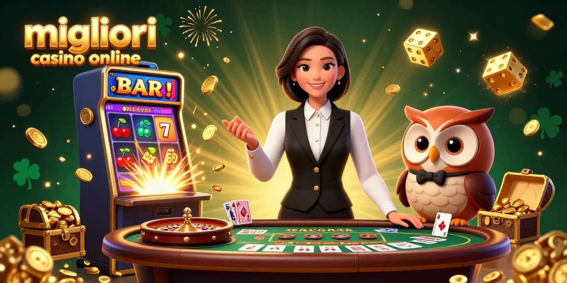 Scopri la scena emozionante dei migliori casino online con un elegante croupier e un affascinante assistente gufo tra elementi di gioco vibranti.