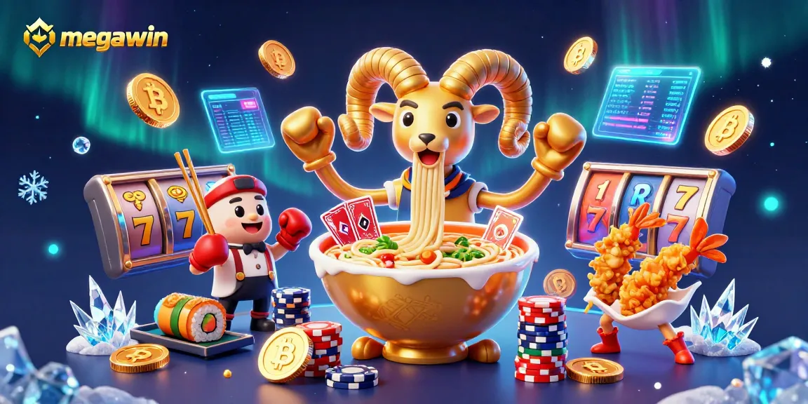 Experience a megawin at the casino with vibrant characters, slot reels, and glowing crypto coins.